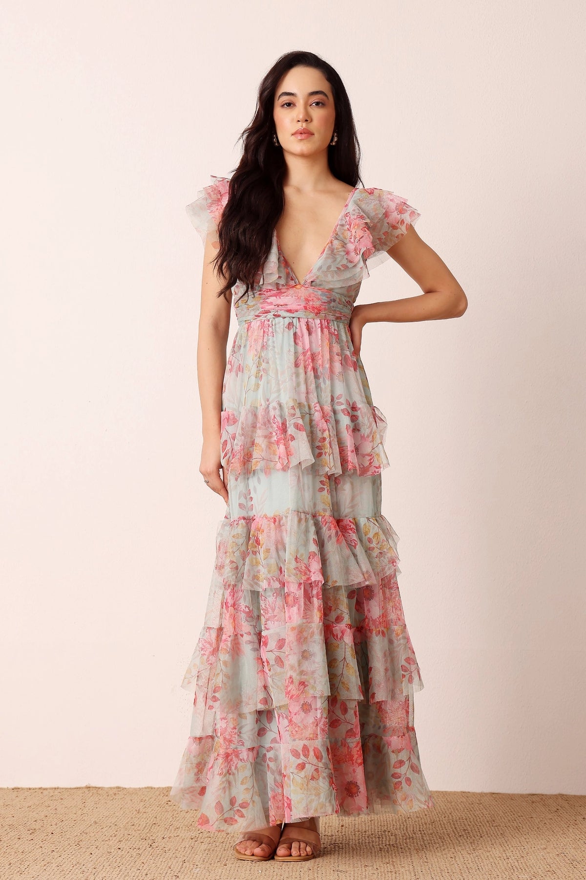 Lace & Beads Olympia Mint Floral Maxi Tulle Dress