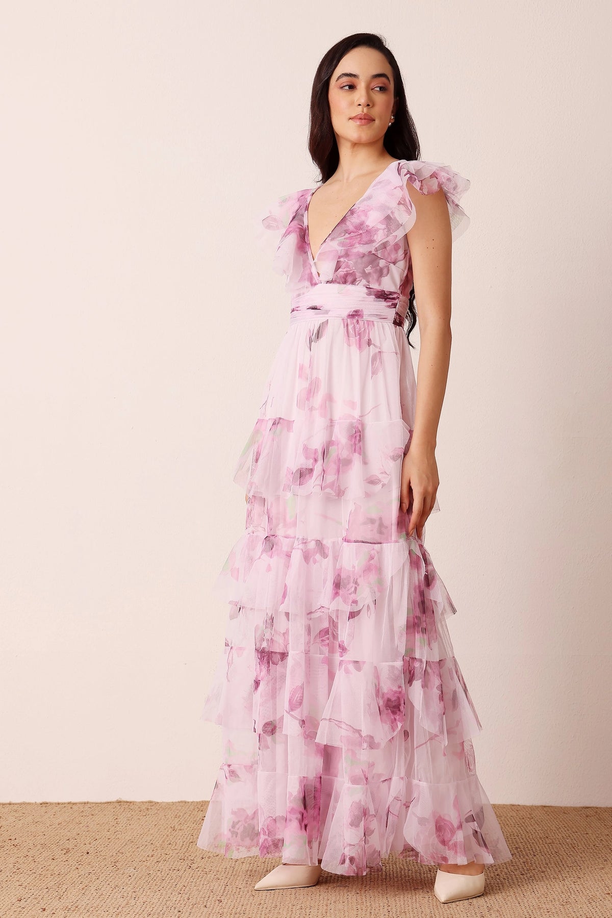 Lace & Beads Olympia Purple Floral Maxi Tulle Dress