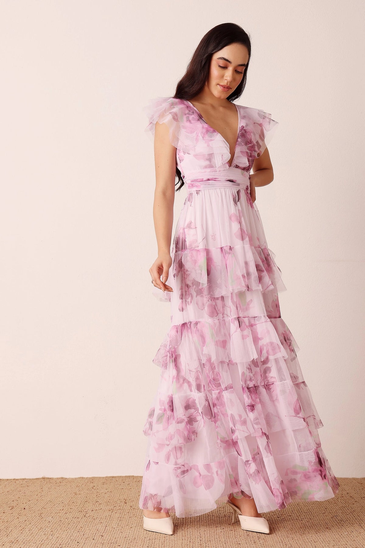 Lace & Beads Olympia Purple Floral Maxi Tulle Dress