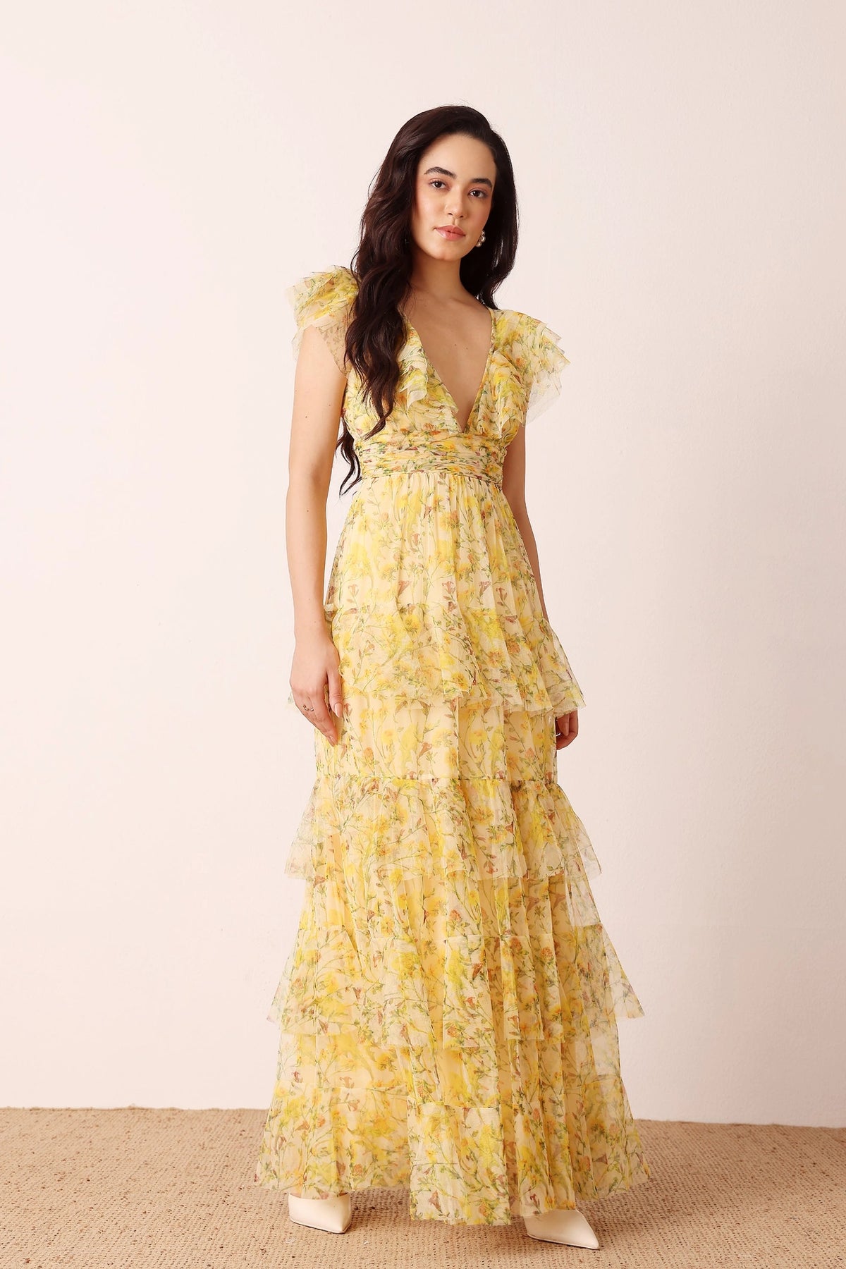 Lace & Beads Olympia Yellow Floral Maxi Tulle Dress
