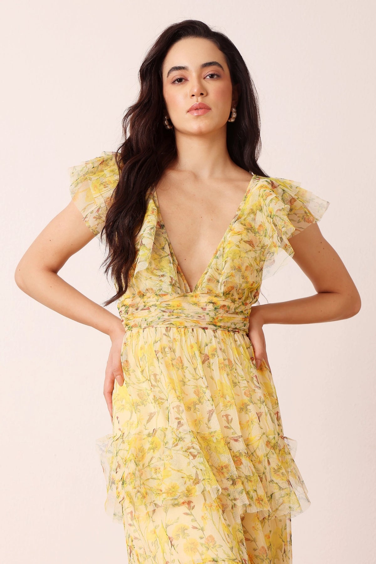 Lace & Beads Olympia Yellow Floral Maxi Tulle Dress