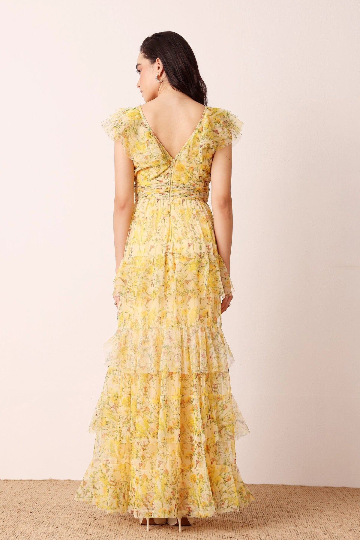 Lace & Beads Olympia Yellow Floral Maxi Tulle Dress