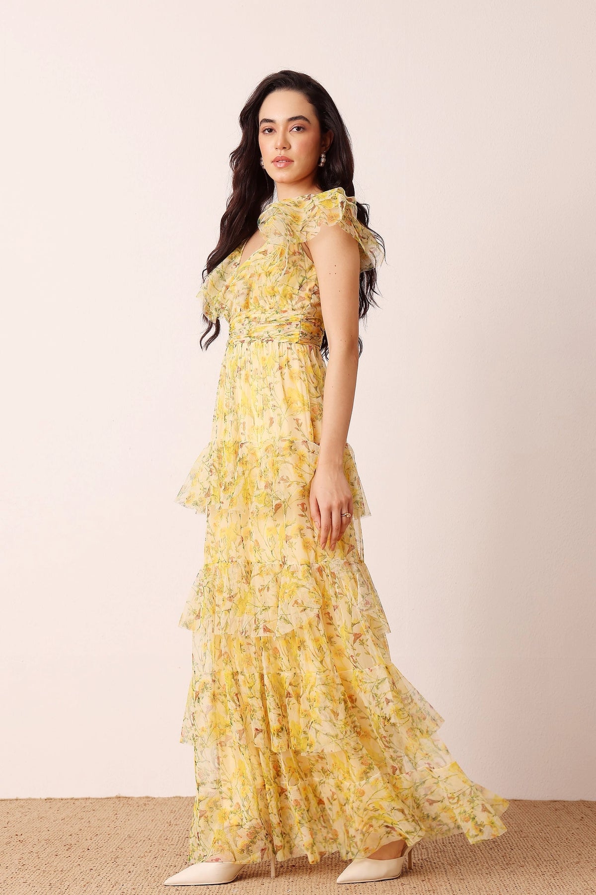 Lace & Beads Olympia Yellow Floral Maxi Tulle Dress