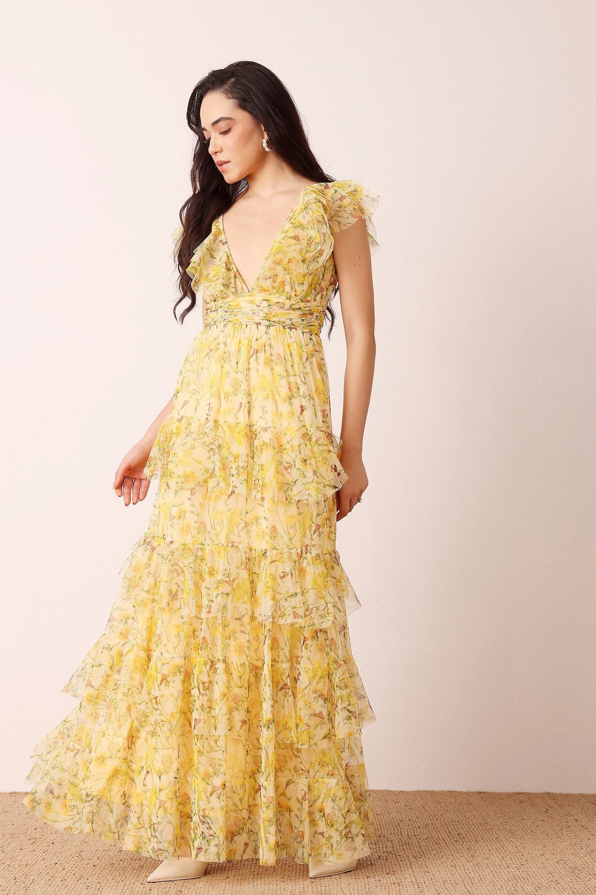 Lace & Beads Olympia Yellow Floral Maxi Tulle Dress