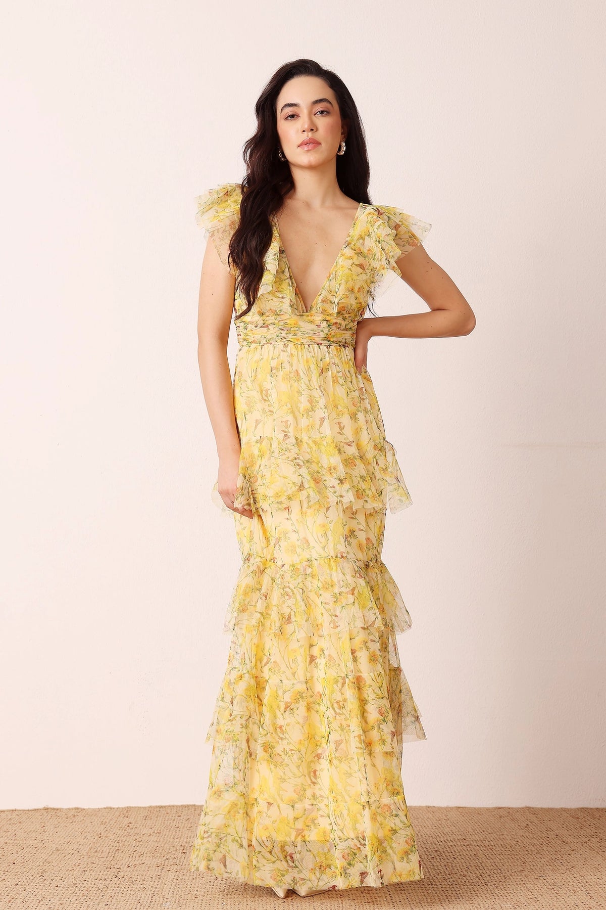 Lace & Beads Olympia Yellow Floral Maxi Tulle Dress
