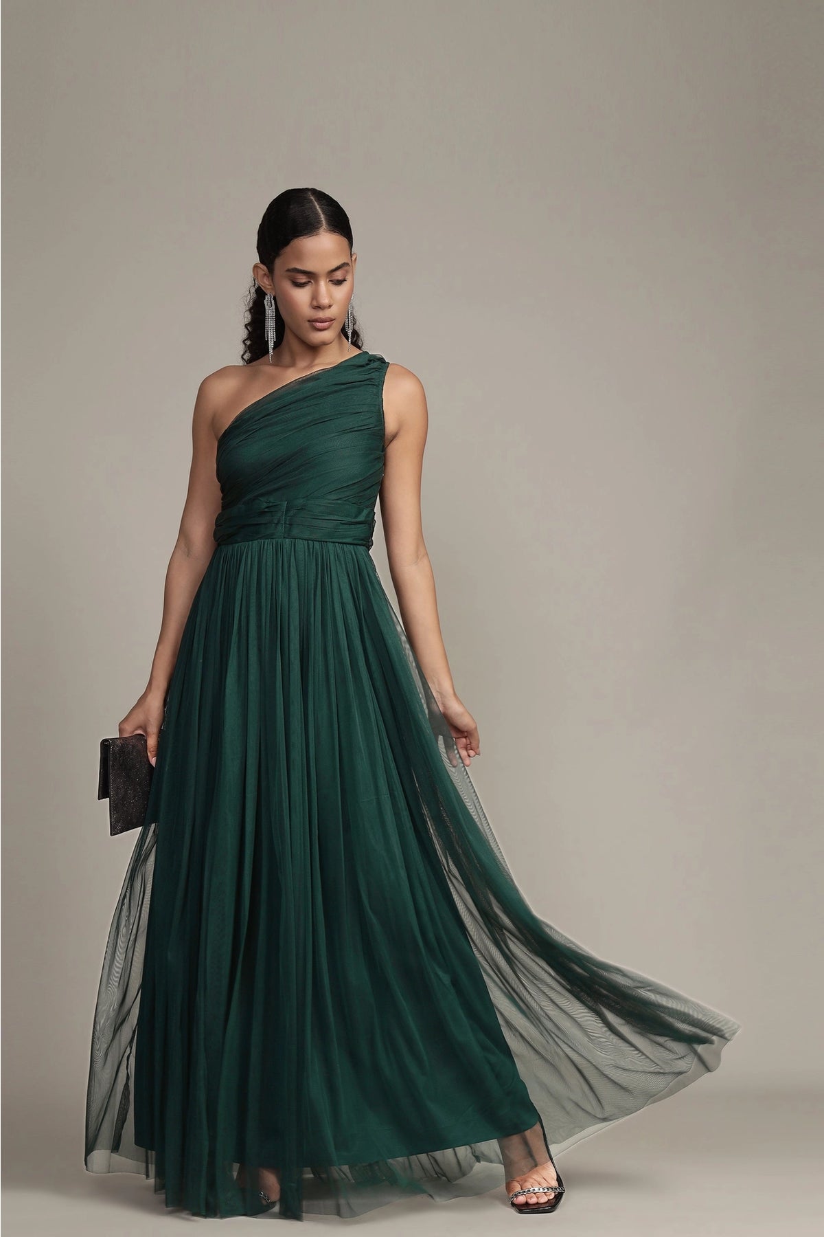 Lace & Beads One Shoulder Green Tulle Maxi Dress