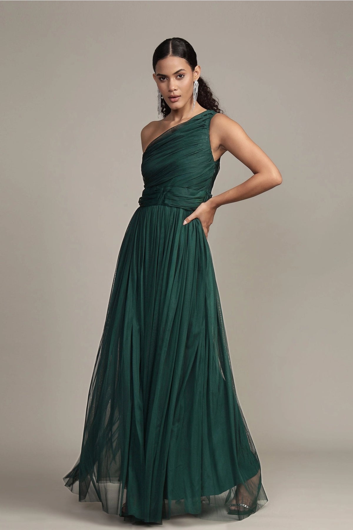 lace-and-beads-one-shoulder-dress-green