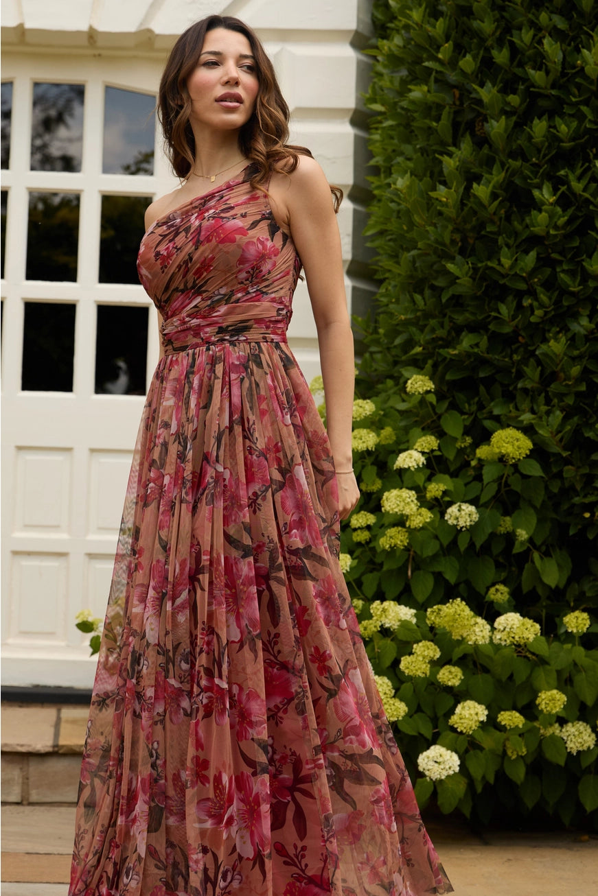 pink and red one shoulder dress Crepe One-Shoulder with Bow Fuchsia / FR 60 flowing effect One Shoulder Mermaid Gown with