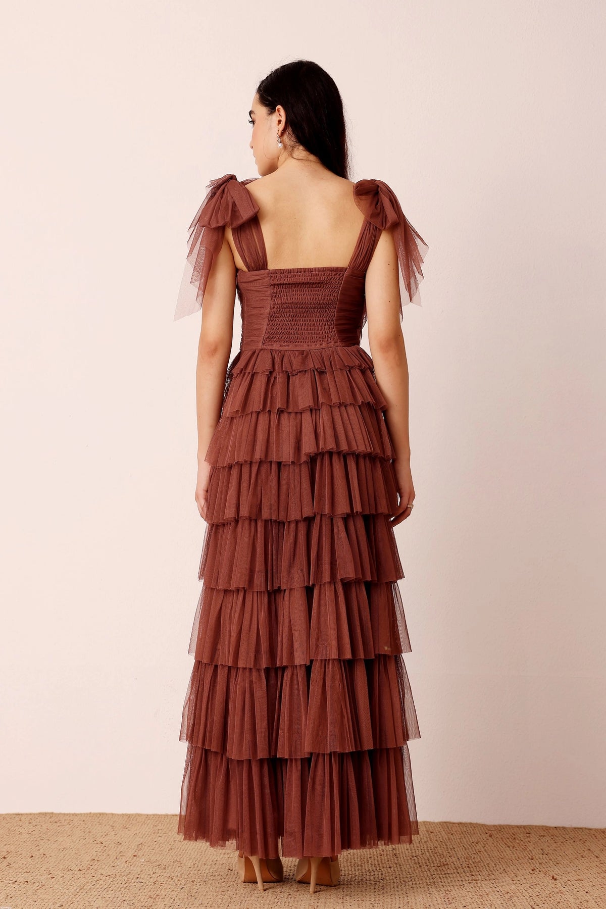 Lace & Beads Ophelia Rose Brown Tulle Maxi Dress