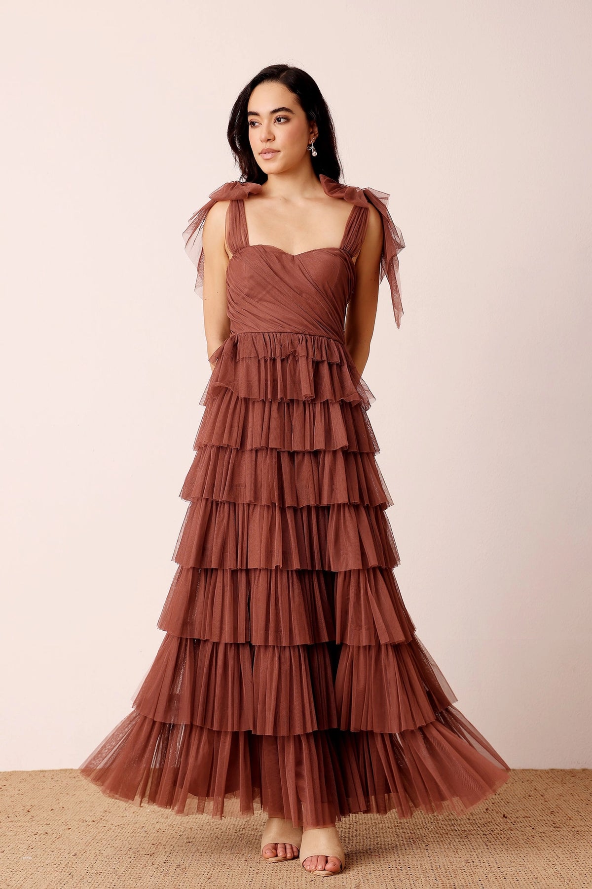 Lace & Beads Ophelia Rose Brown Tulle Maxi Dress