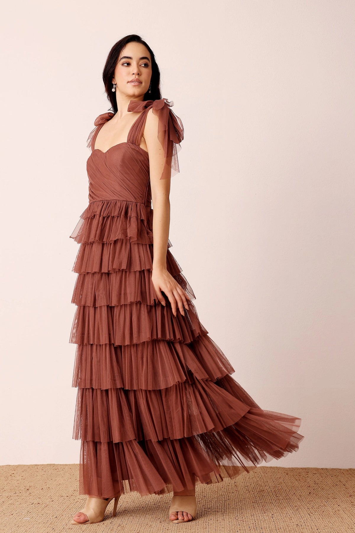 Lace & Beads Ophelia Rose Brown Tulle Maxi Dress