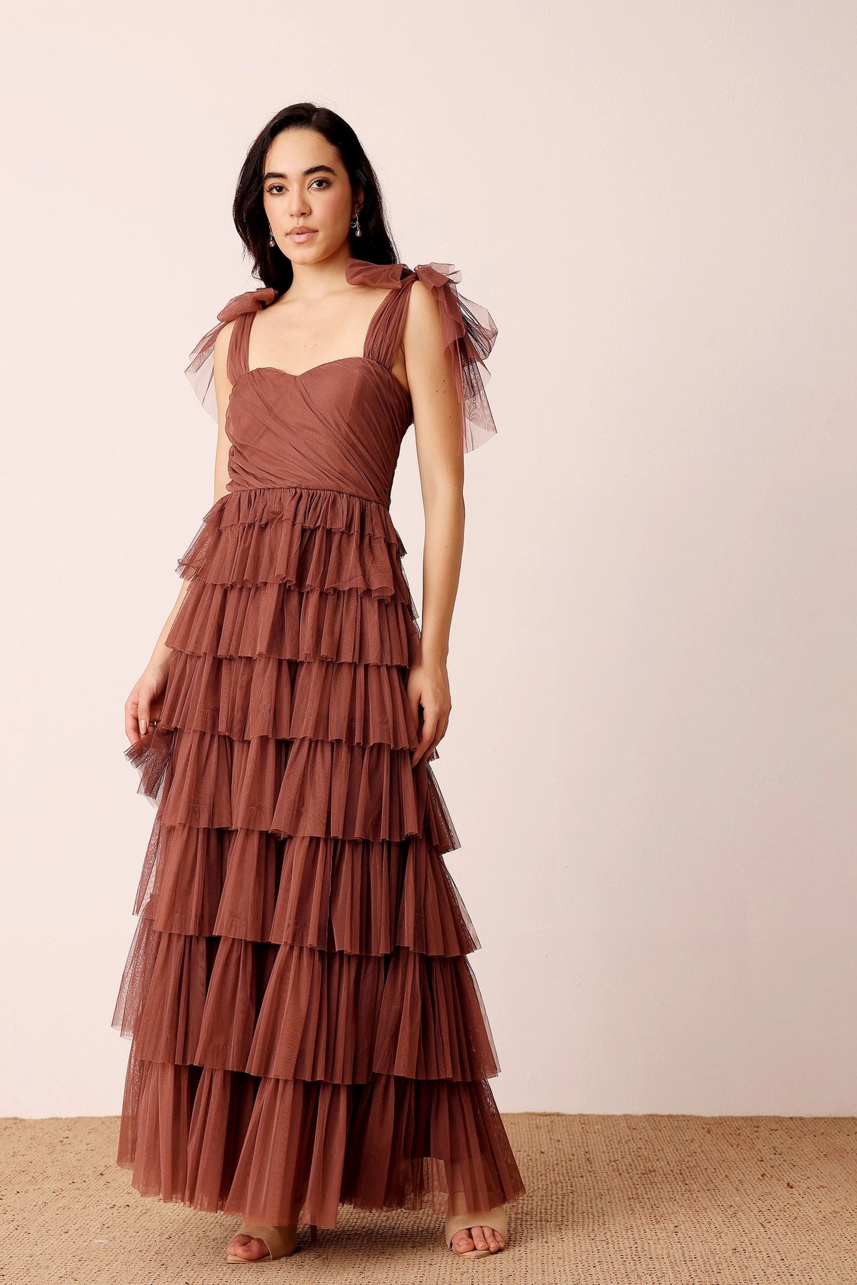 Lace & Beads Ophelia Rose Brown Tulle Maxi Dress