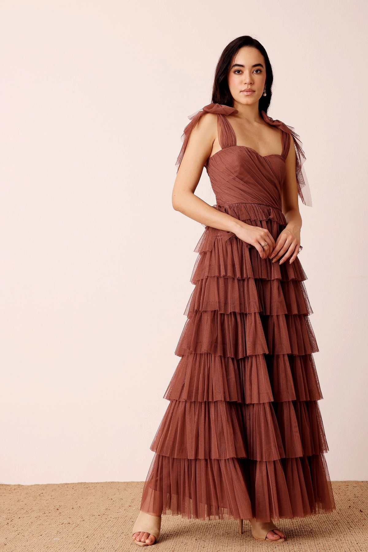Lace & Beads Ophelia Rose Brown Tulle Maxi Dress