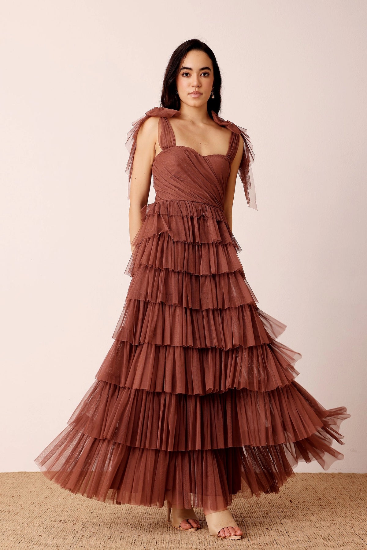 Lace & Beads Ophelia Rose Brown Tulle Maxi Dress