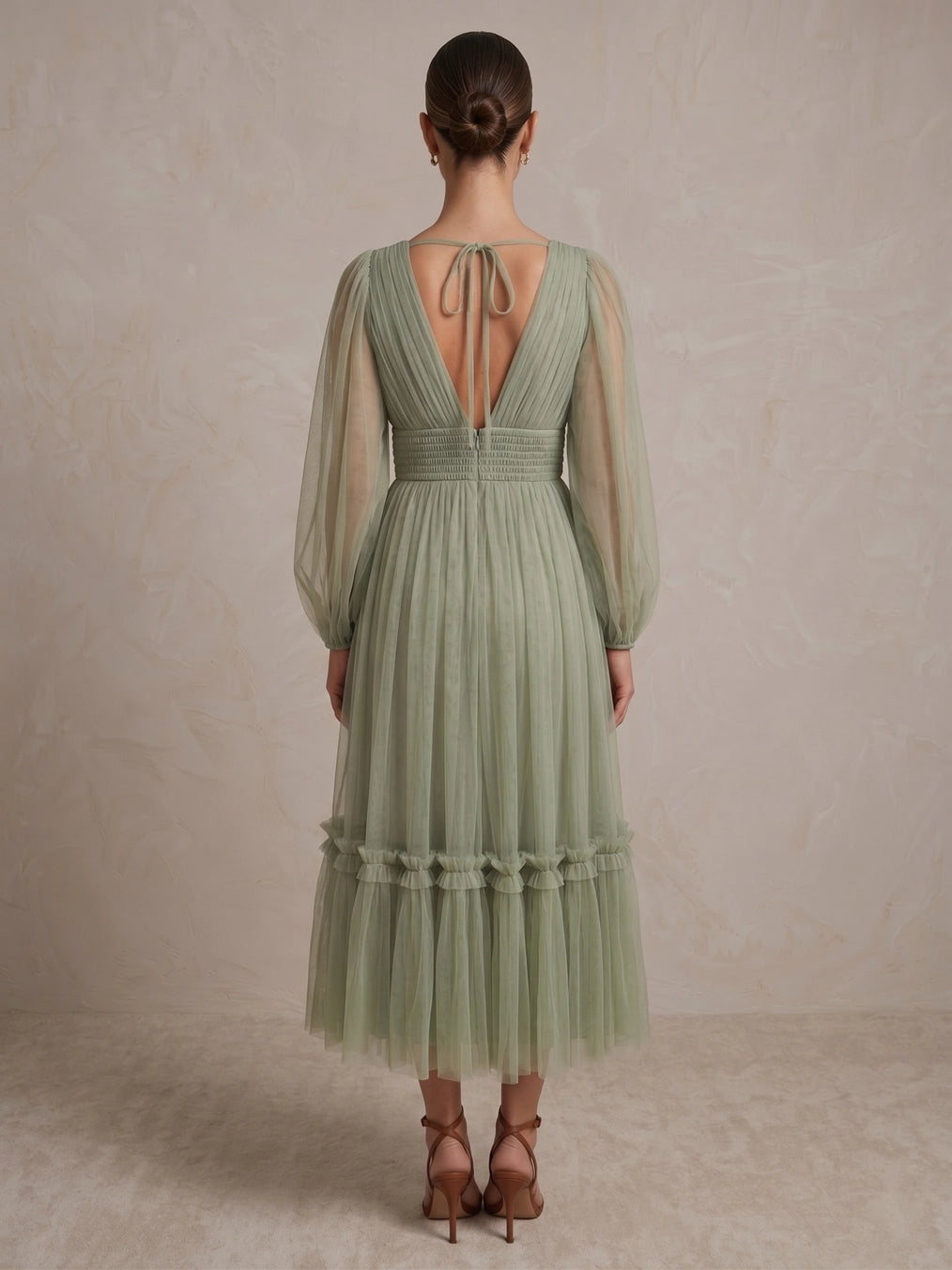 Lace & Beads Rachel Tulle Sage Green Midi Dress