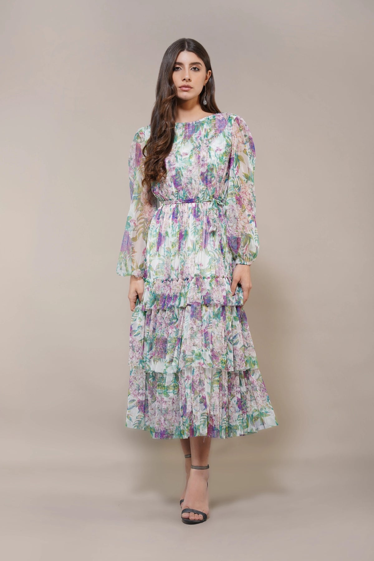 Lace & Beads Rebecca Green And Purple Floral Midi Dress