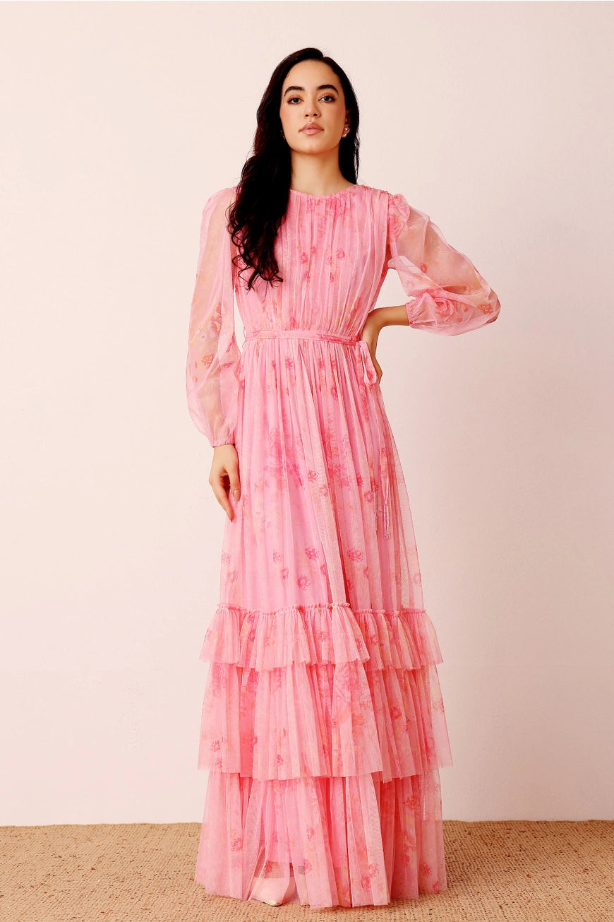 Lace & Beads Rebecca Pink Floral Maxi Dress