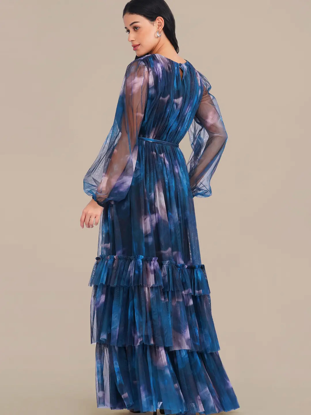 Lace & Beads Rebecca Navy Blue Floral Tulle Floral Maxi Dress