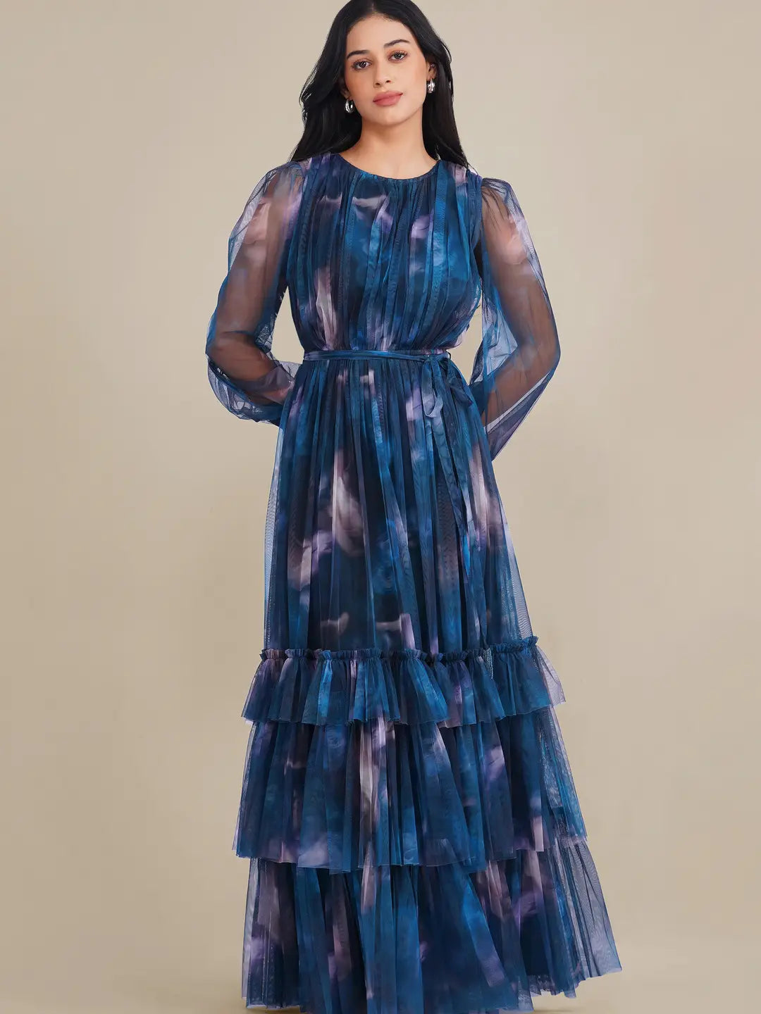 Lace & Beads Rebecca Navy Blue Floral Tulle Floral Maxi Dress