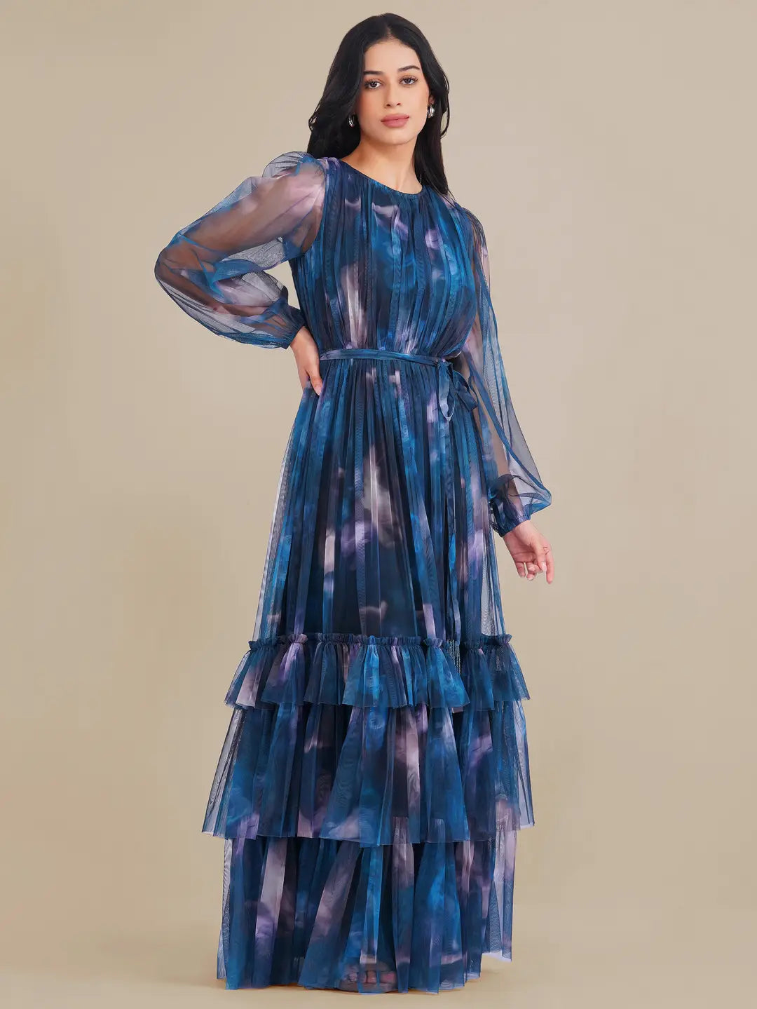 Lace & Beads Rebecca Navy Blue Floral Tulle Floral Maxi Dress