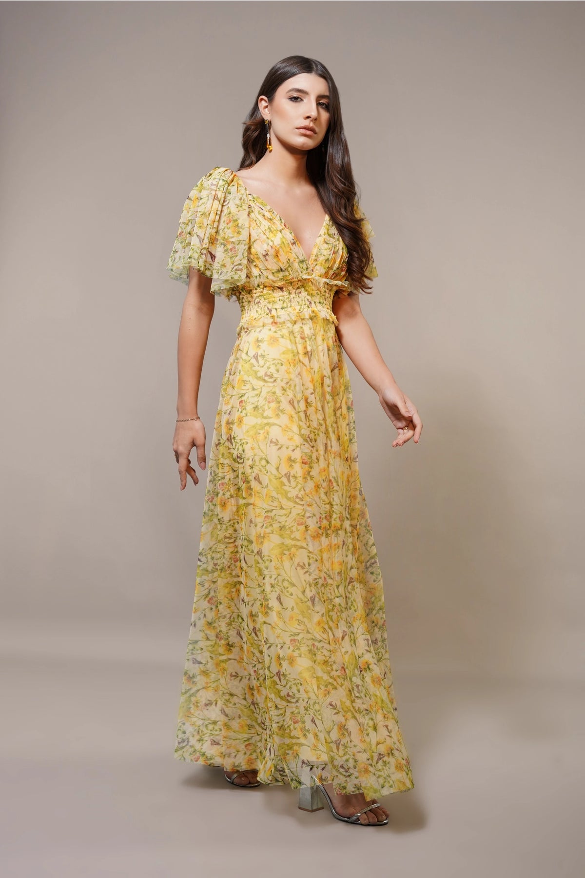 Lace & Beads Shelby Yellow Floral Maxi Dress