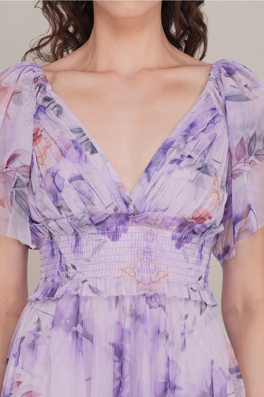 Lace & Beads Shelby Lilac Floral Tulle Maxi Dress