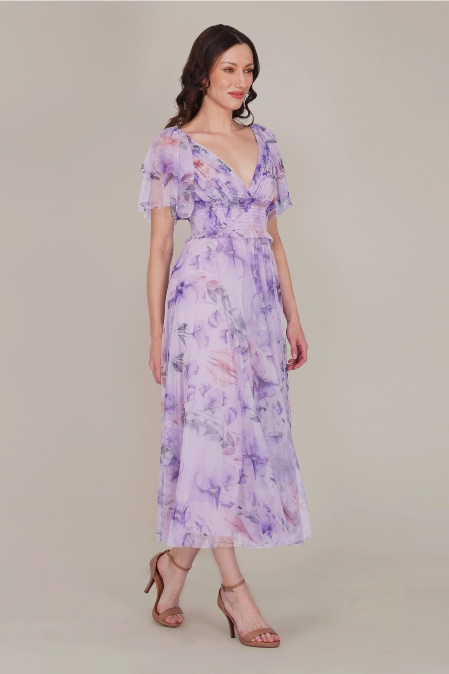 Lace & Beads Shelby Lilac Floral Tulle Maxi Dress