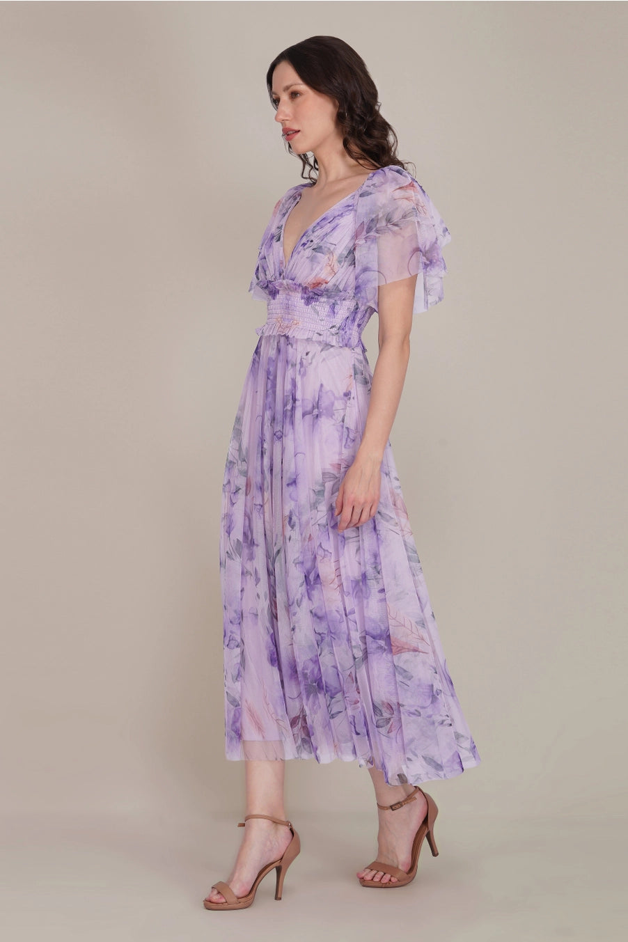 Lace & Beads Shelby Lilac Floral Tulle Maxi Dress