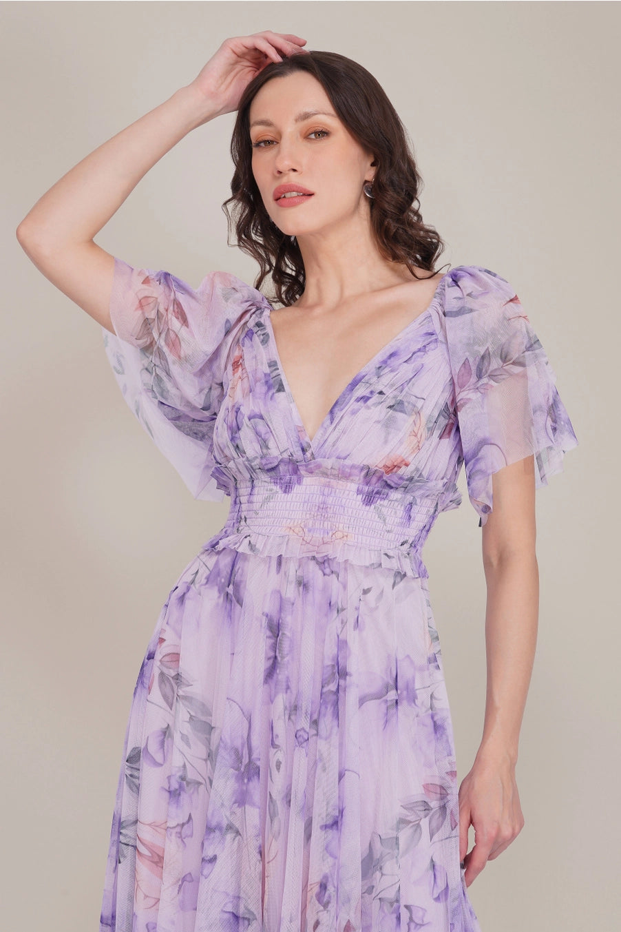 Lace & Beads Shelby Lilac Floral Tulle Maxi Dress