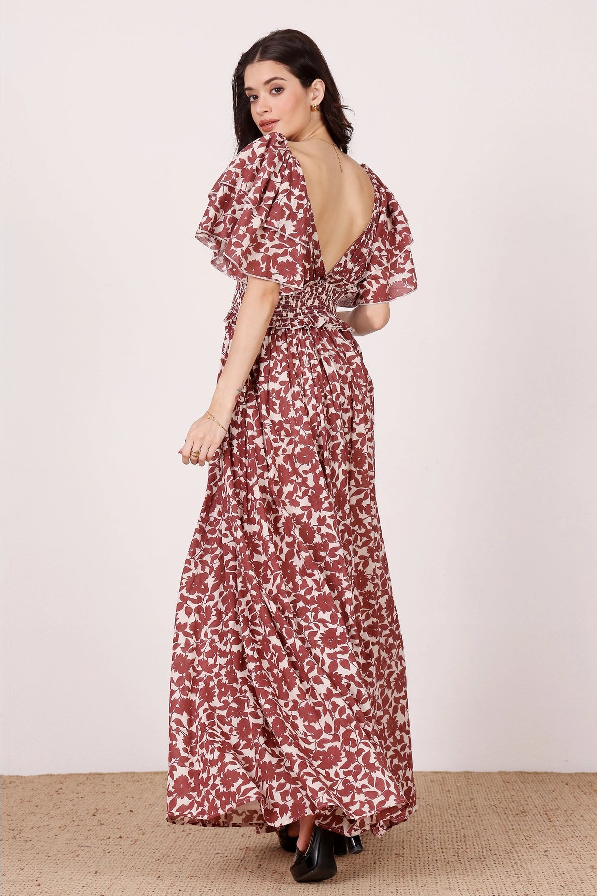 Lace & Beads Shelby Cotton Burgundy Leaf Maxi Dress