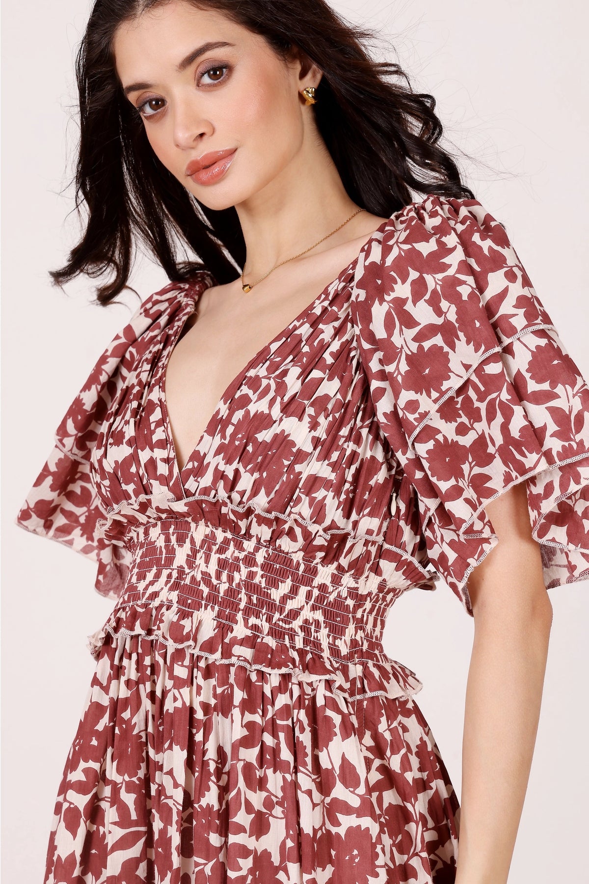 Lace & Beads Shelby Cotton Burgundy Leaf Maxi Dress