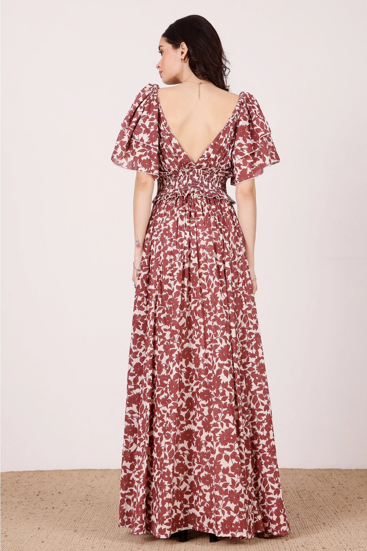 Lace & Beads Shelby Cotton Burgundy Leaf Maxi Dress