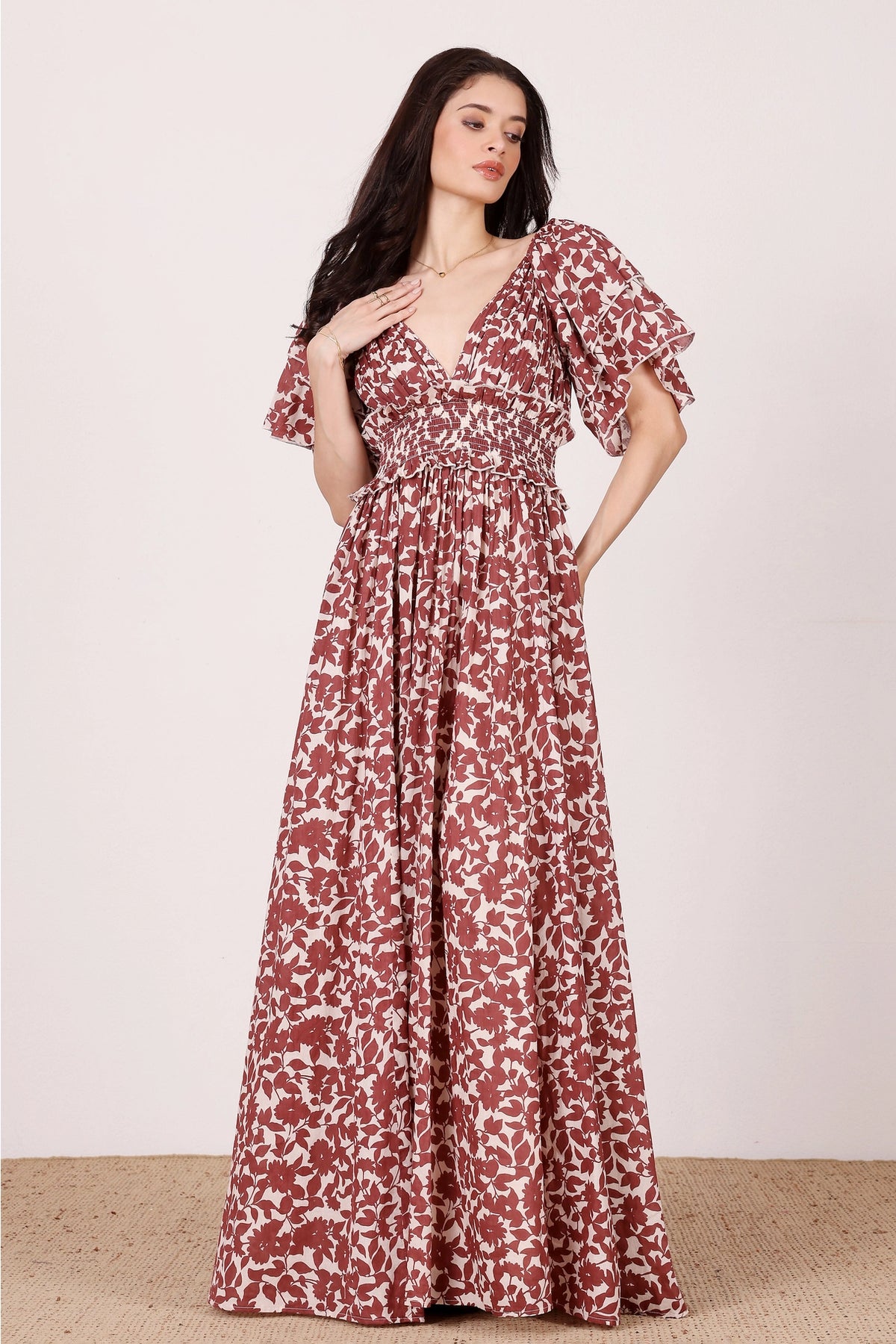 Lace & Beads Shelby Cotton Burgundy Leaf Maxi Dress