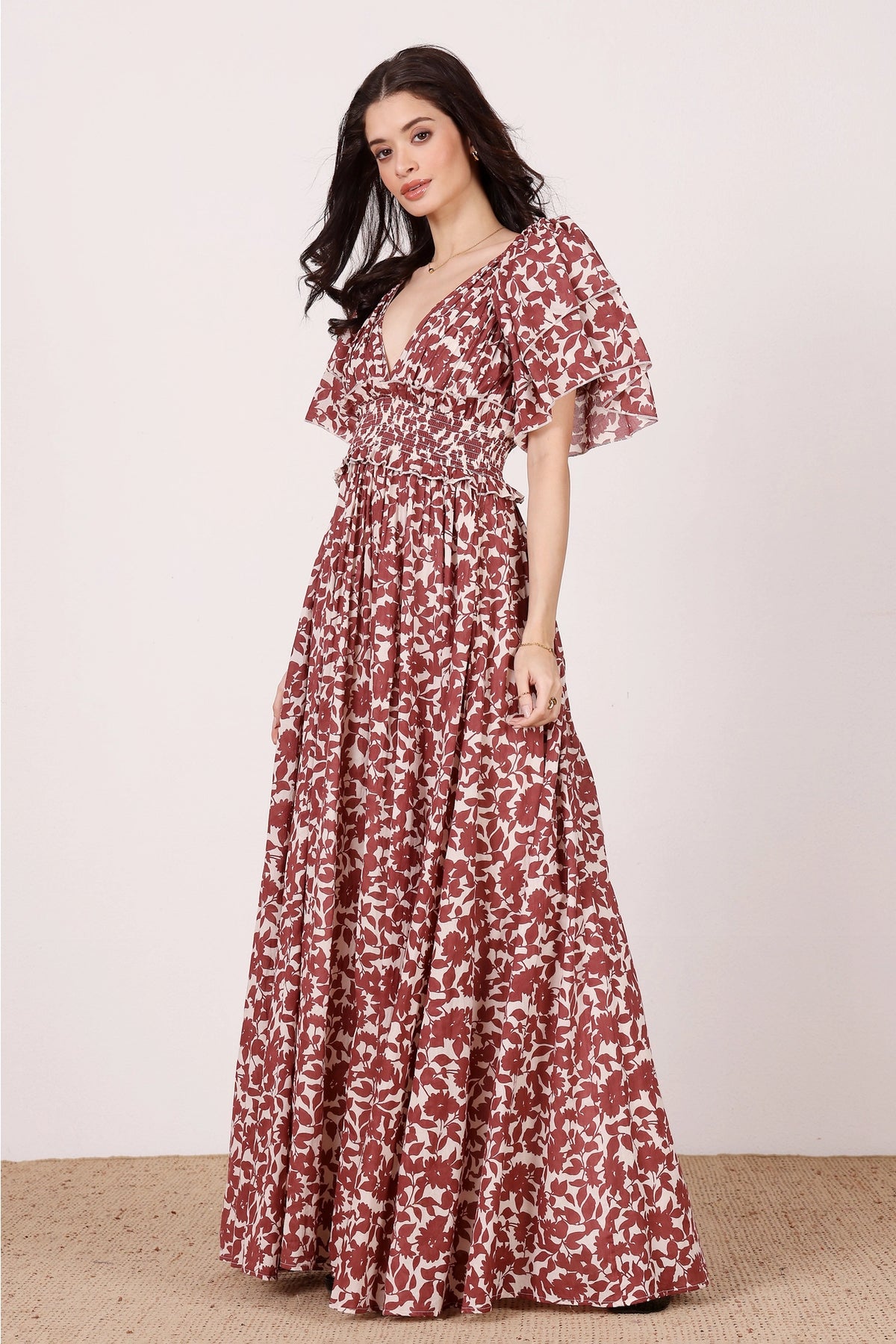 Lace & Beads Shelby Cotton Burgundy Leaf Maxi Dress
