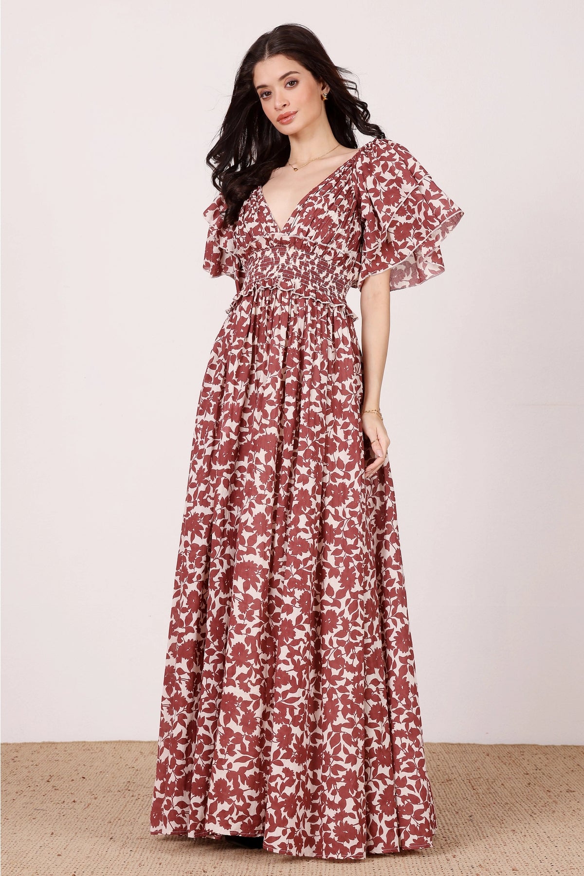 Lace & Beads Shelby Cotton Burgundy Leaf Maxi Dress