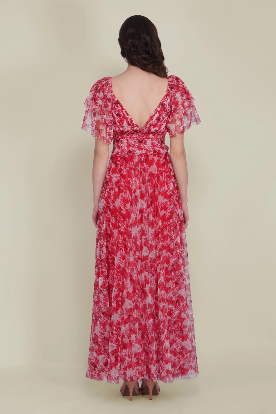 Lace & Beads Shelby Red Floral Tulle Maxi Dress