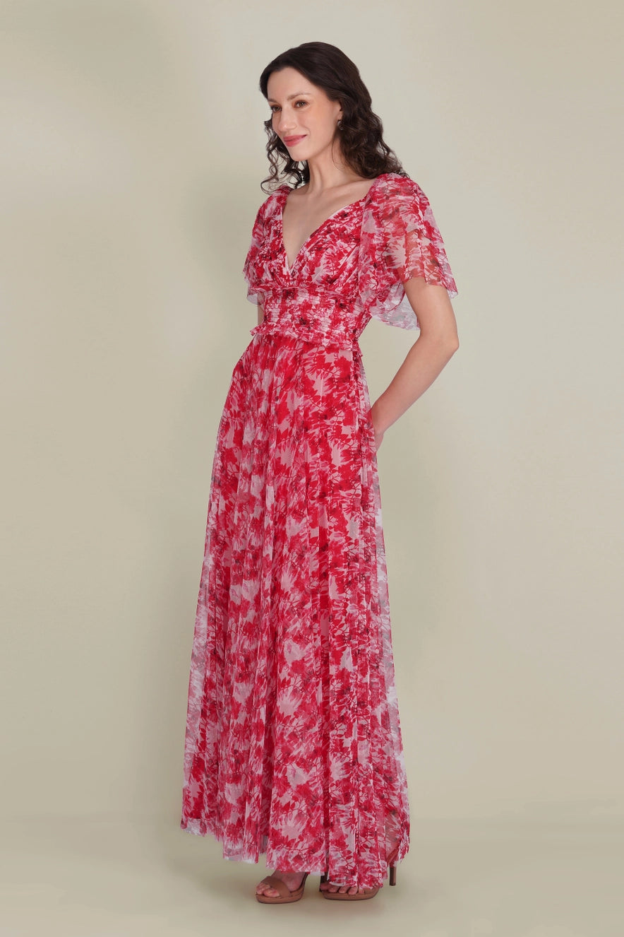 Lace & Beads Shelby Red Floral Tulle Maxi Dress