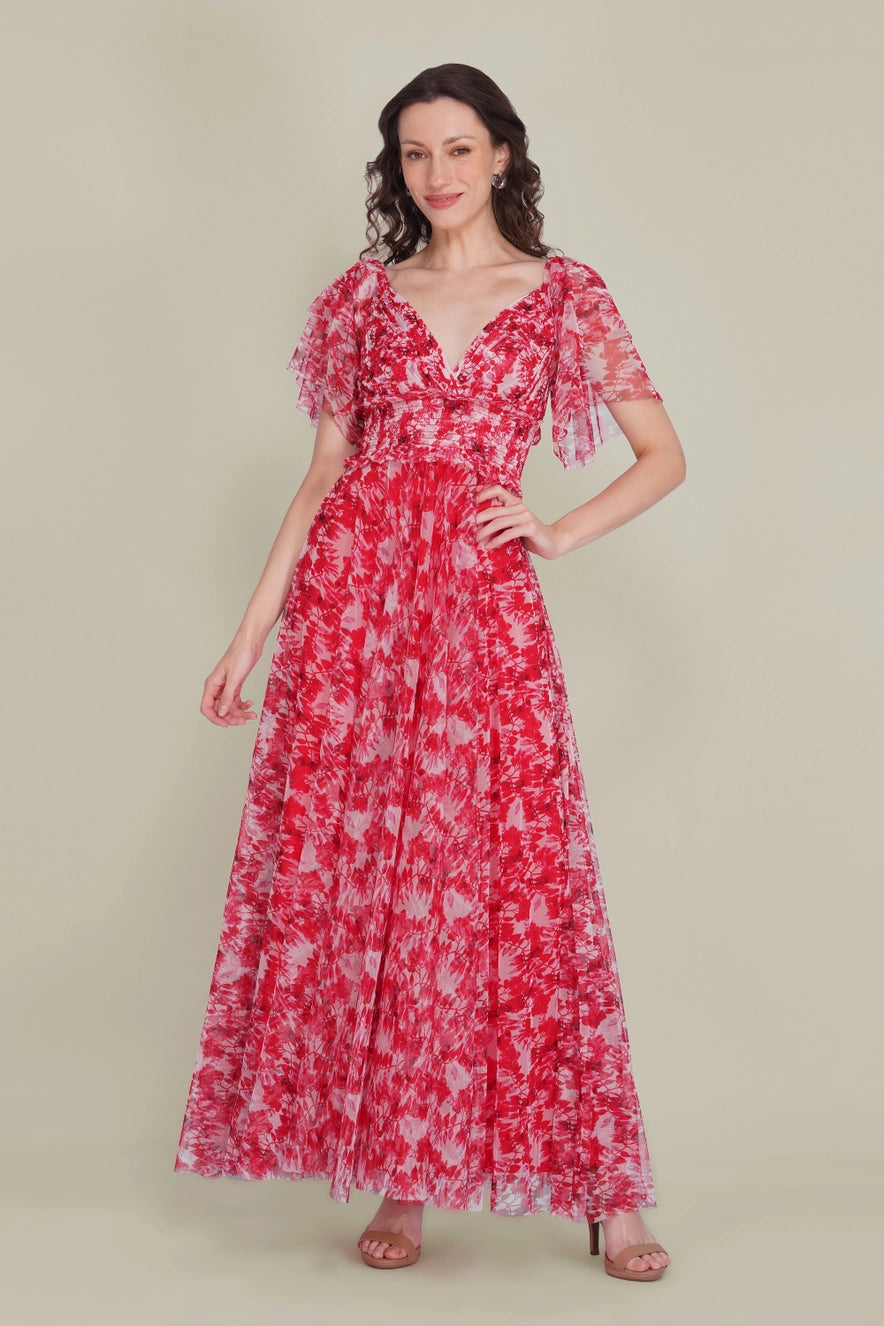 Lace & Beads Shelby Red Floral Tulle Maxi Dress