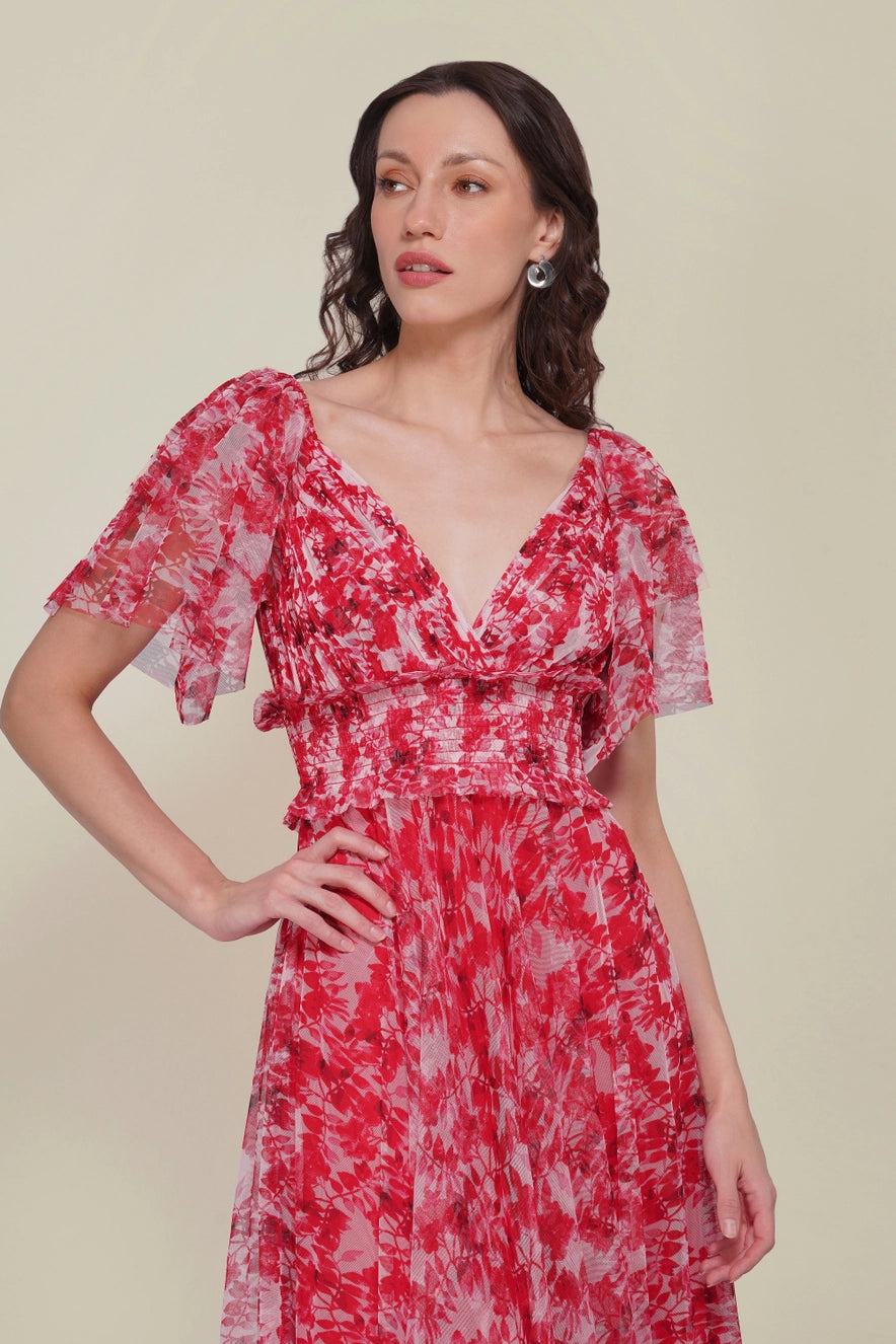 Lace & Beads Shelby Red Floral Tulle Maxi Dress