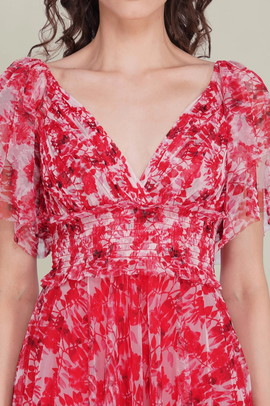Lace & Beads Shelby Red Floral Tulle Maxi Dress