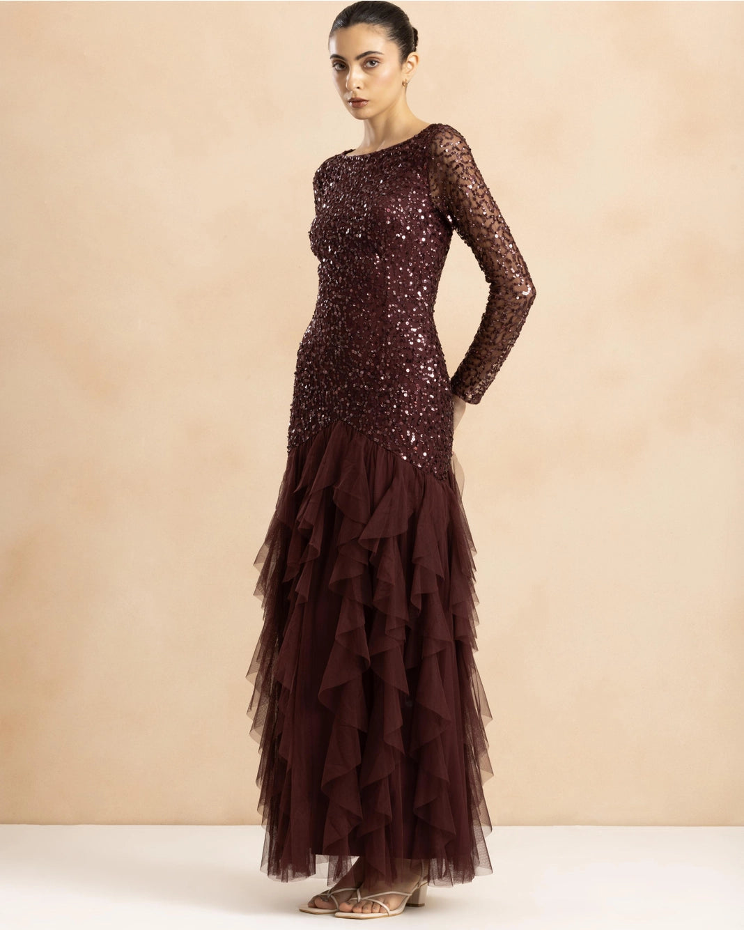 Lace & Beads Sila Berry Brown Sequin Waterfall Ruffle Maxi Dress