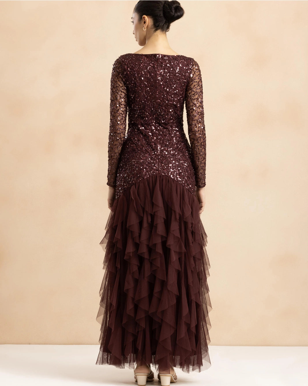 Lace & Beads Sila Berry Brown Sequin Waterfall Ruffle Maxi Dress