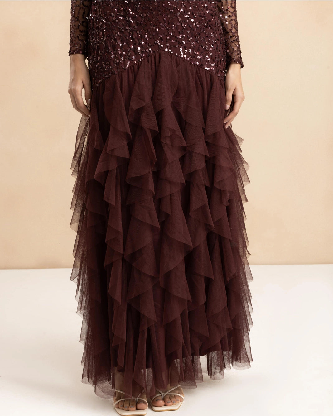 Lace & Beads Sila Berry Brown Sequin Waterfall Ruffle Maxi Dress