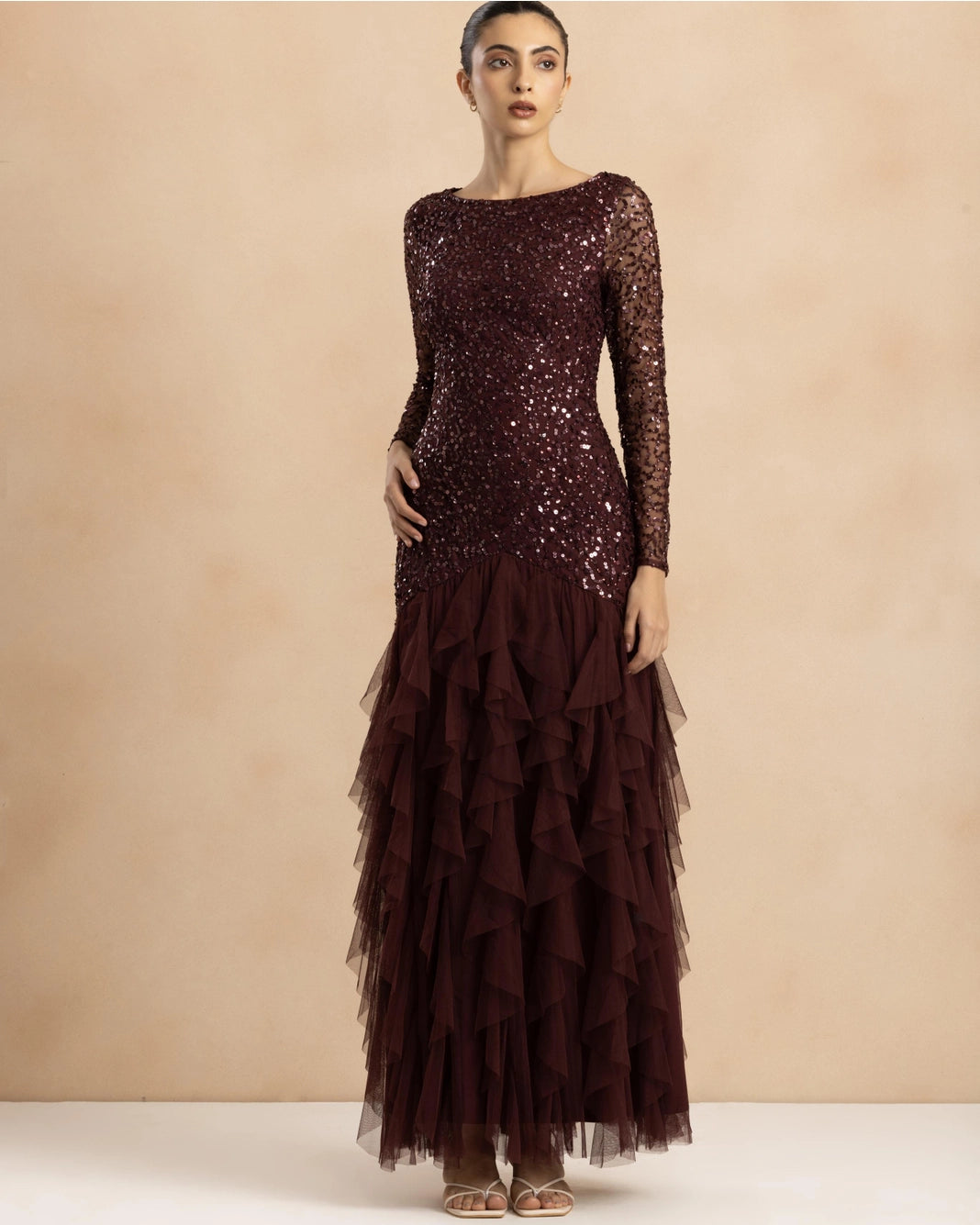 Lace & Beads Sila Berry Brown Sequin Waterfall Ruffle Maxi Dress