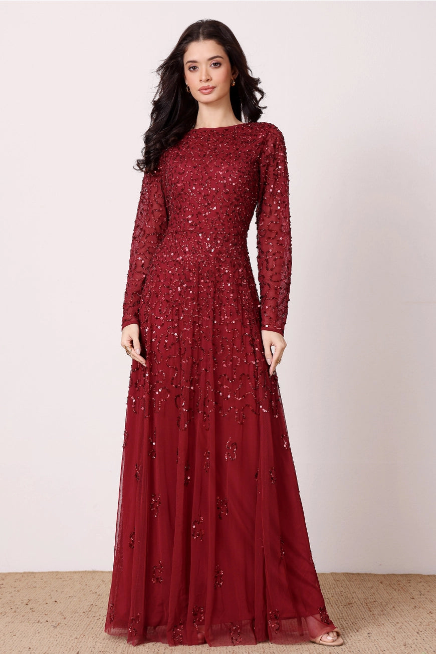 Lace & Beads Sylvia Embellished Red Sequin Maxi Dress