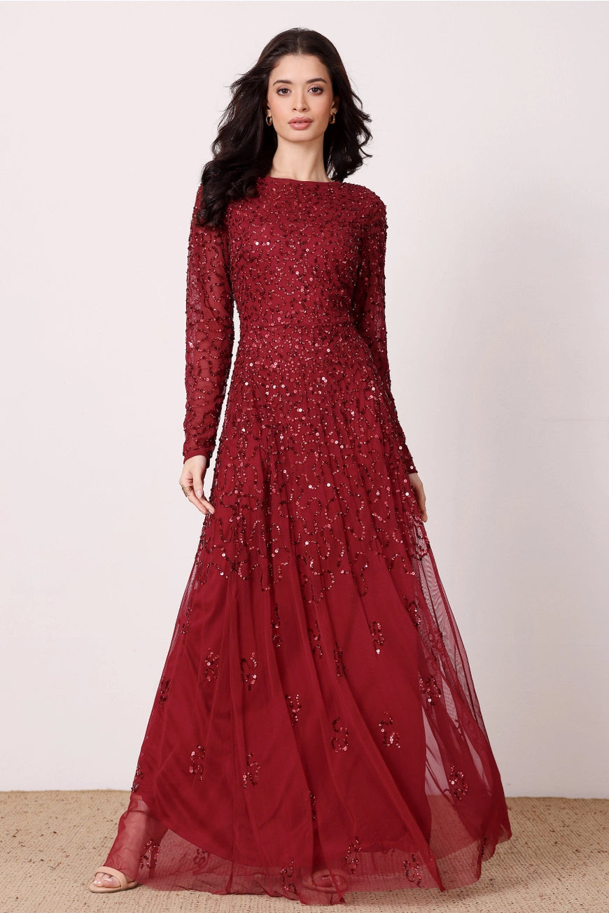 Lace & Beads Sylvia Embellished Red Sequin Maxi Dress