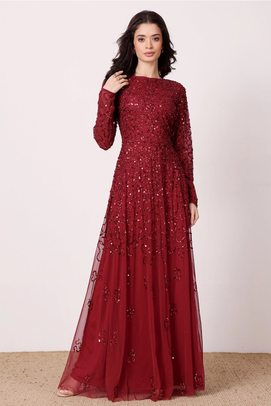 Lace & Beads Sylvia Embellished Red Sequin Maxi Dress