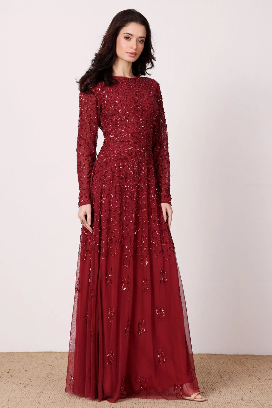 Lace & Beads Sylvia Embellished Red Sequin Maxi Dress
