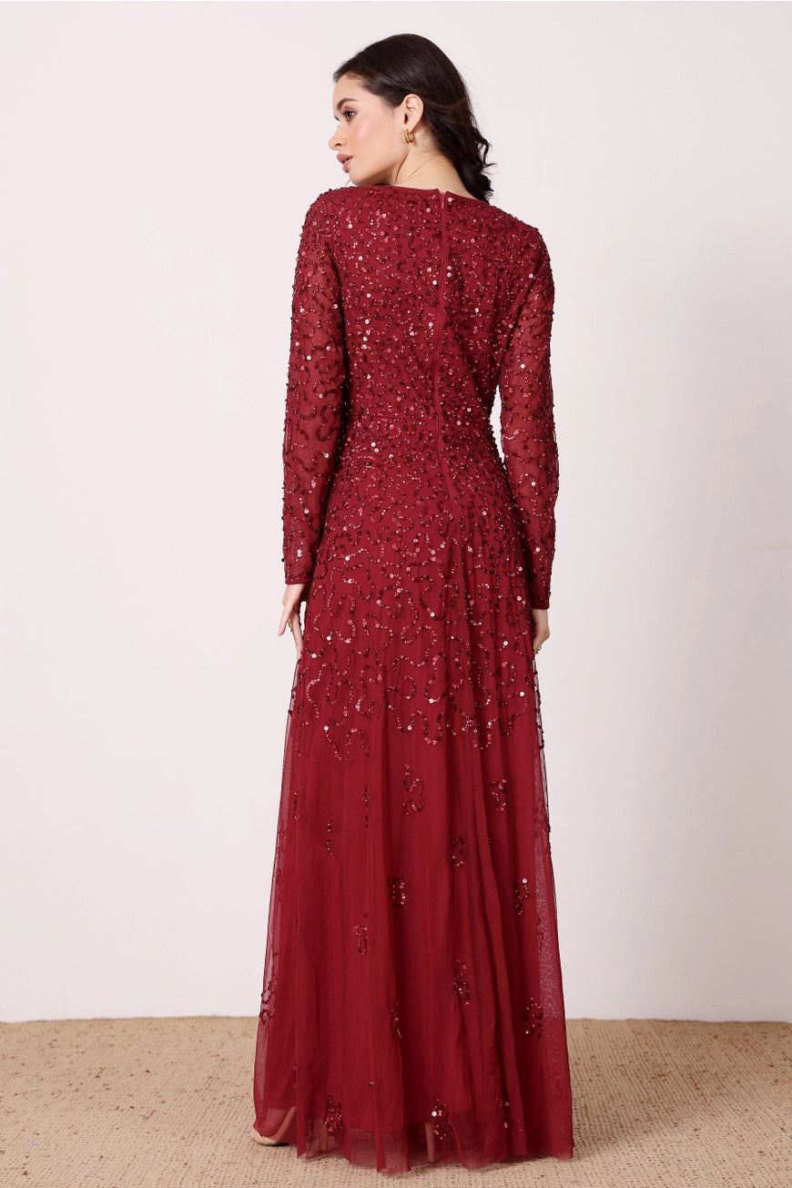 Lace & Beads Sylvia Embellished Red Sequin Maxi Dress