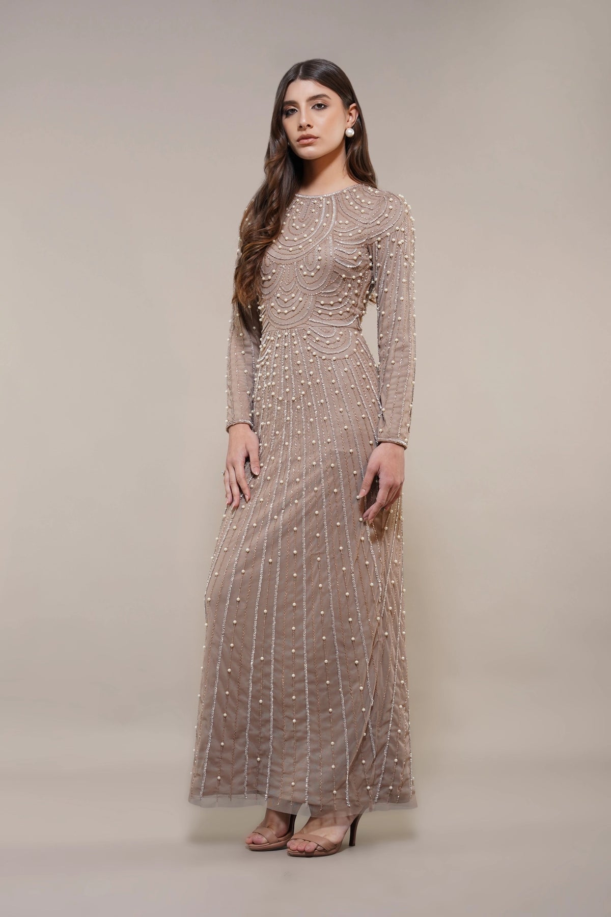 Lace & Beads Mabel Embellished Pearl Taupe Maxi Dress